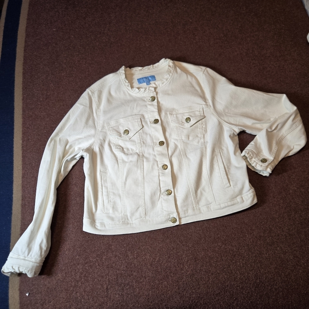 Draper James Off White Denim Jacket Ruffle Trim Detail Gold-tone Buttons 1X